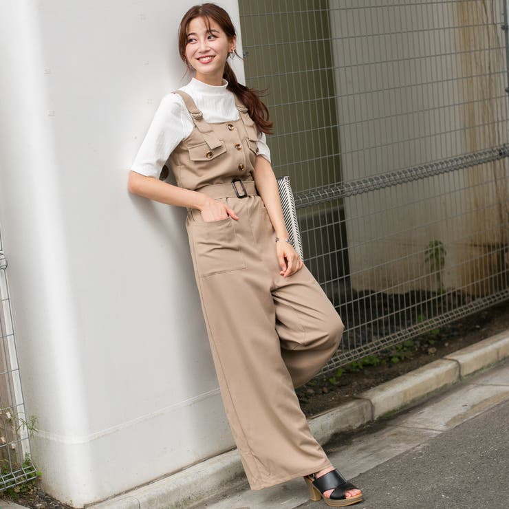 無地ストレッチ Dカン肩ひもポケット付きサロペットパンツ[品番