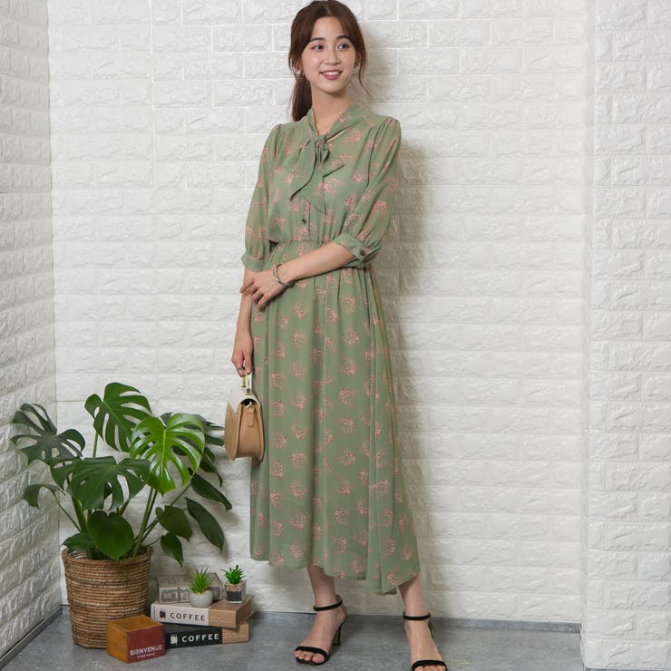 シフォン花柄 ボウタイ付き マキシワンピース[品番：PPNW0001879