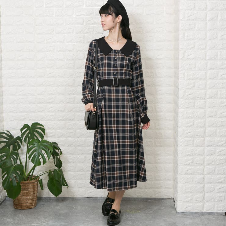 【ヴィンテージ】ロングワンピース 総柄 ヘリンボーン 黒 茶色 カーキ レトロ marai ロングワンピース ティアードワンピース ワンピース 長袖