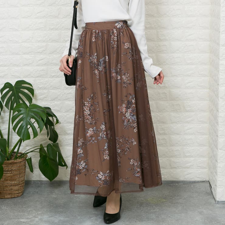 花柄チュール重ね ロングフレアスカート[品番：PPNW0002029