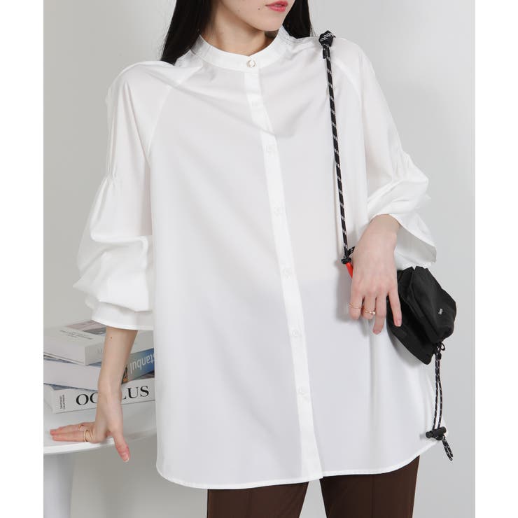 ビッグサイズ ロング丈 袖シャーリング シャツブラウス | Pumpkin  Port | 詳細画像10 