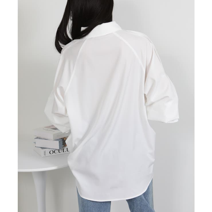 ビッグサイズ ロング丈 袖シャーリング シャツブラウス | Pumpkin  Port | 詳細画像9 