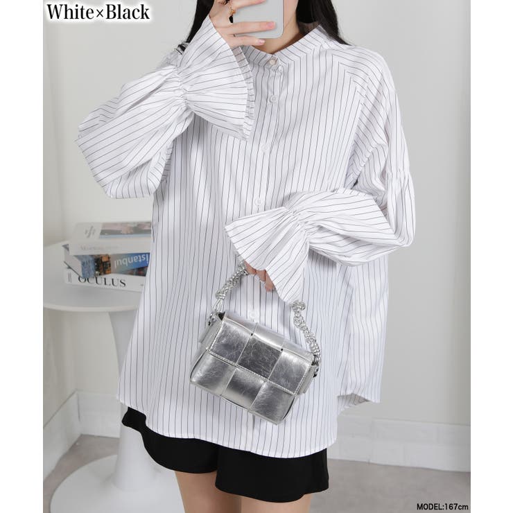 ホワイト×ブラック | ビッグサイズ ロング丈 袖シャーリング シャツブラウス | Pumpkin  Port