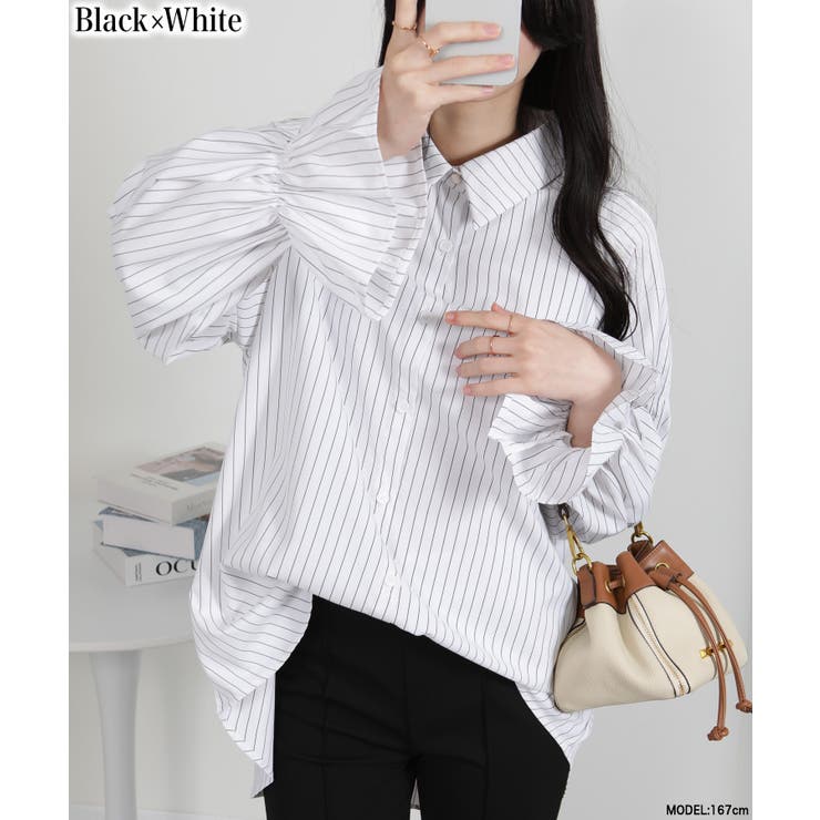 ブラック×ホワイト | ビッグサイズ ロング丈 袖シャーリング シャツブラウス | Pumpkin  Port