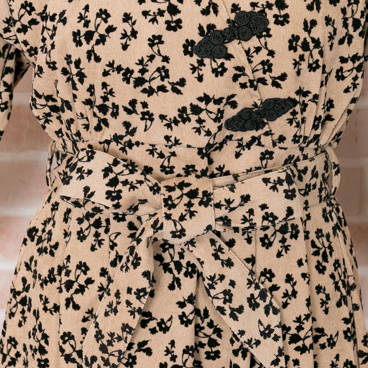 花柄フロッキープリント チャイナボタン ワンピース[品番：PPNW0002295