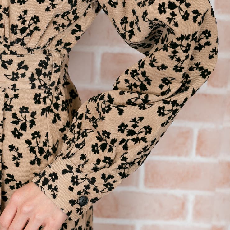 花柄フロッキープリント チャイナボタン ワンピース[品番：PPNW0002295