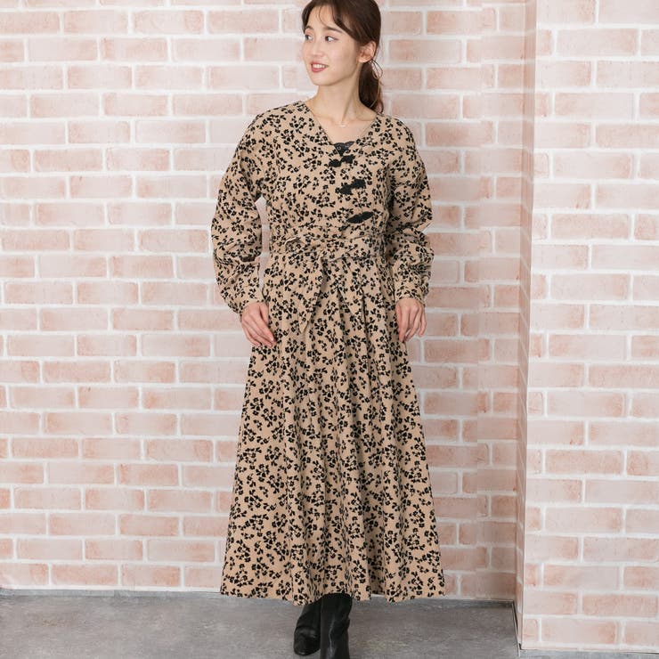 花柄フロッキープリント チャイナボタン ワンピース[品番：PPNW0002295