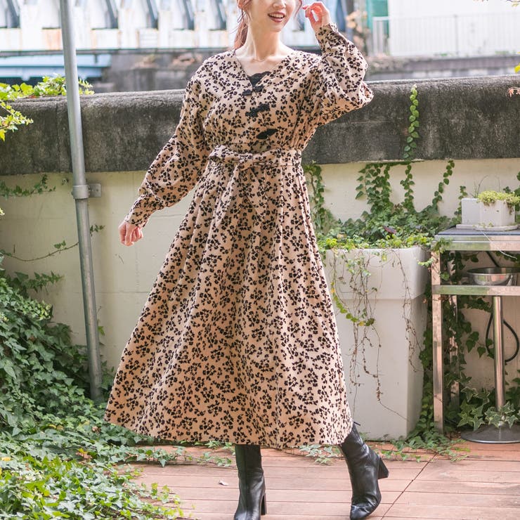 花柄フロッキープリント チャイナボタン ワンピース[品番：PPNW0002295