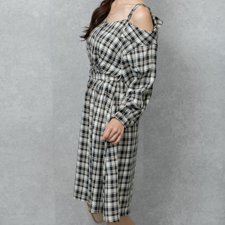 チェック オフショルダー ワンピース[品番:PPNW0002429 チェック オフショルダー ワンピース[品番:PPNW0002429