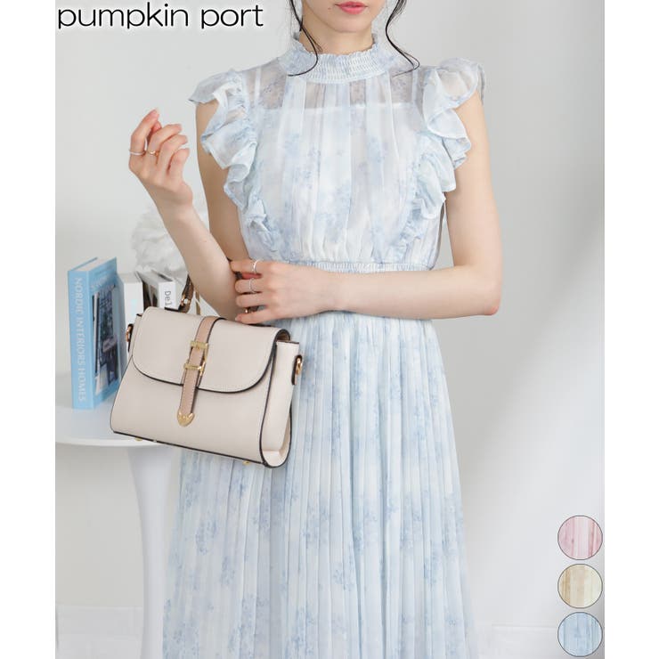 インナー付シアー水彩柄フリルデザイン消しプリーツロングワンピース | Pumpkin  Port | 詳細画像1 
