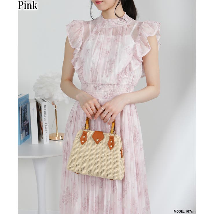 ピンク | インナー付シアー水彩柄フリルデザイン消しプリーツロングワンピース | Pumpkin  Port
