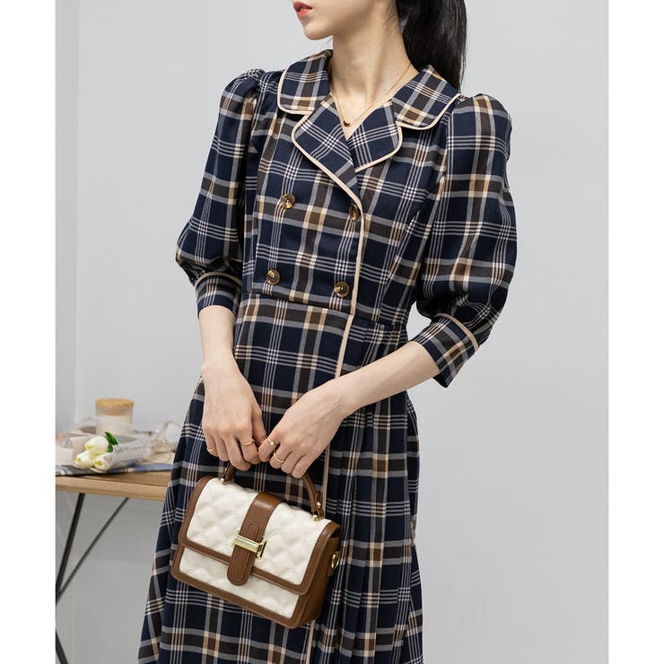 チェック柄 レトロ トラッド トレンチ風ワンピース きれいめ おとな