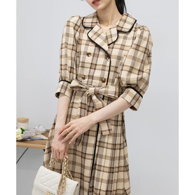 チェック柄 レトロ トラッド トレンチ風ワンピース きれいめ おとな