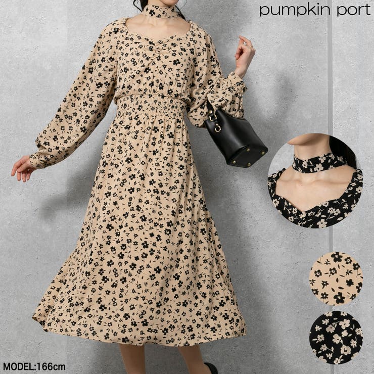 花柄 チョーカーネック ティアードワンピース[品番：PPNW0002948