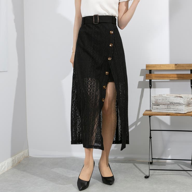 オルテガ柄レース スリットスカート[品番：PPNW0003243