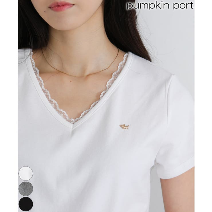 Vネック レース付き ワンコプレート ポイント 半袖Tシャツ | Pumpkin  Port | 詳細画像1 