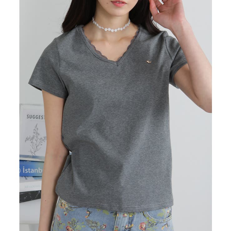 Vネック レース付き ワンコプレート ポイント 半袖Tシャツ | Pumpkin  Port | 詳細画像12 