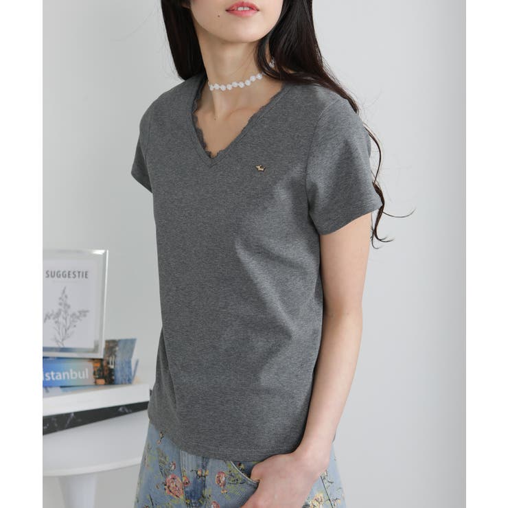 Vネック レース付き ワンコプレート ポイント 半袖Tシャツ | Pumpkin  Port | 詳細画像13 