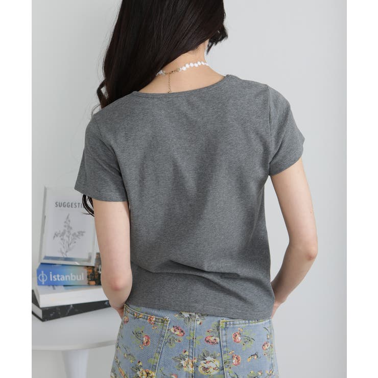 Vネック レース付き ワンコプレート ポイント 半袖Tシャツ | Pumpkin  Port | 詳細画像14 