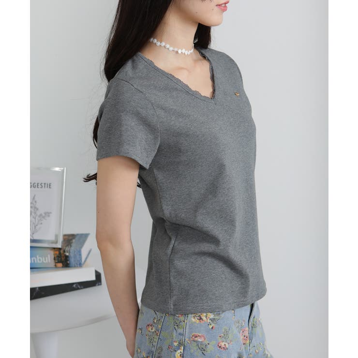 Vネック レース付き ワンコプレート ポイント 半袖Tシャツ | Pumpkin  Port | 詳細画像15 