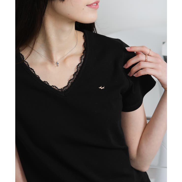Vネック レース付き ワンコプレート ポイント 半袖Tシャツ | Pumpkin  Port | 詳細画像17 