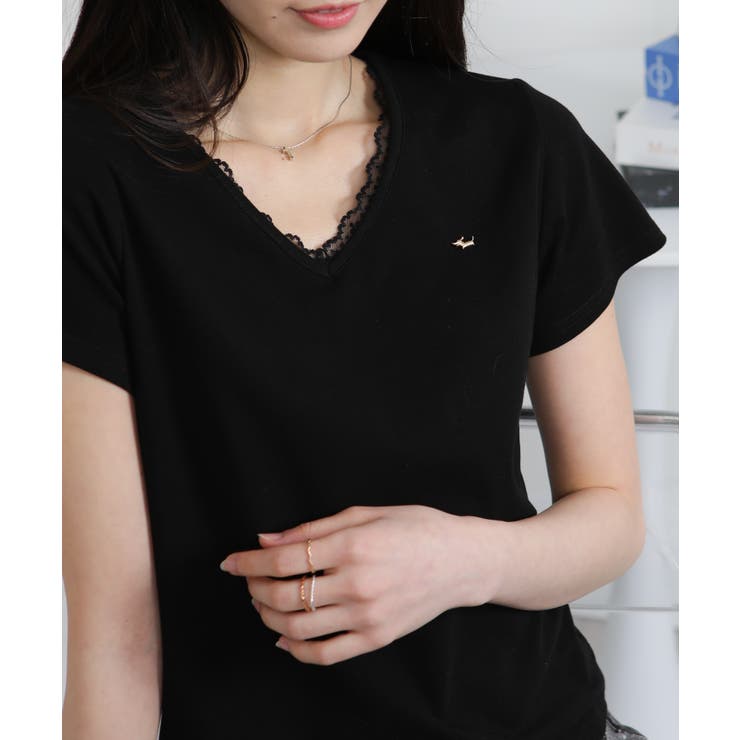 Vネック レース付き ワンコプレート ポイント 半袖Tシャツ | Pumpkin  Port | 詳細画像18 