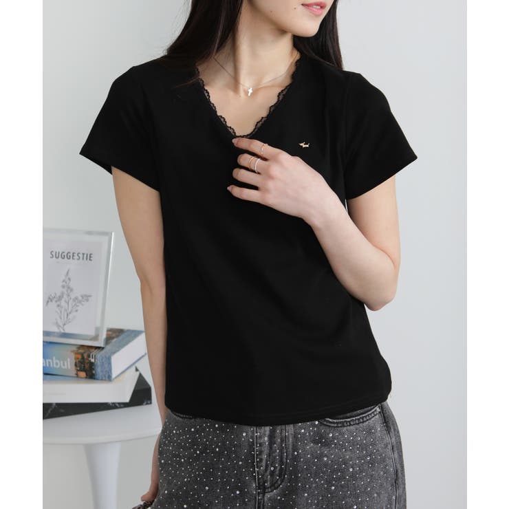 Vネック レース付き ワンコプレート ポイント 半袖Tシャツ | Pumpkin  Port | 詳細画像19 