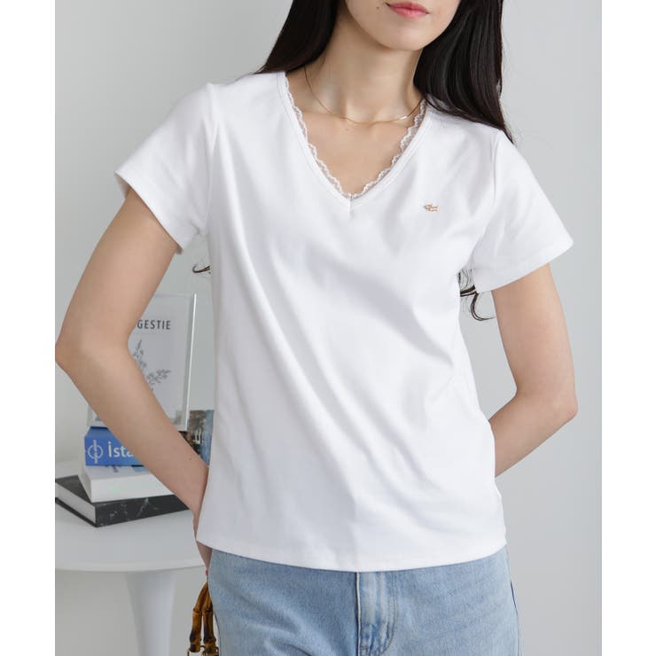 Vネック レース付き ワンコプレート ポイント 半袖Tシャツ | Pumpkin  Port | 詳細画像6 