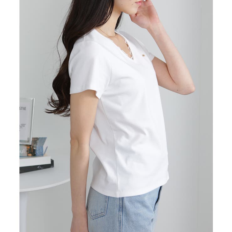 Vネック レース付き ワンコプレート ポイント 半袖Tシャツ | Pumpkin  Port | 詳細画像7 