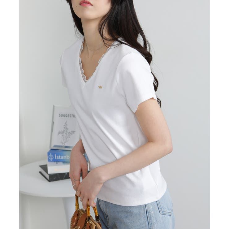 Vネック レース付き ワンコプレート ポイント 半袖Tシャツ | Pumpkin  Port | 詳細画像9 