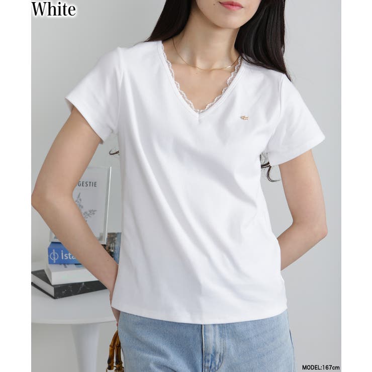 ホワイト | Vネック レース付き ワンコプレート ポイント 半袖Tシャツ | Pumpkin  Port