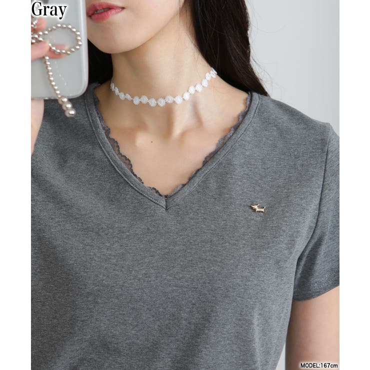 グレー | Vネック レース付き ワンコプレート ポイント 半袖Tシャツ | Pumpkin  Port
