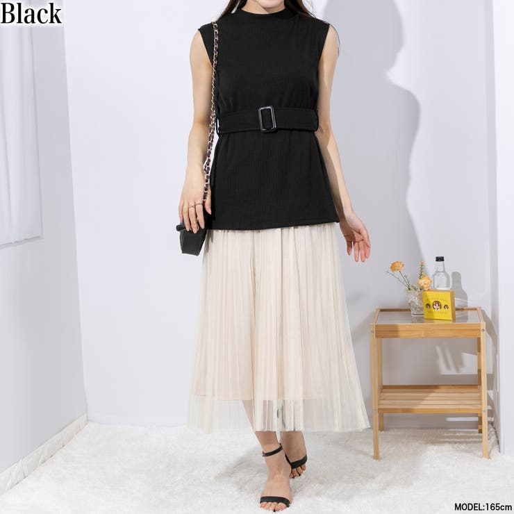 ブラック | チュールプリーツスカート ドッキングワンピース | Pumpkin  Port