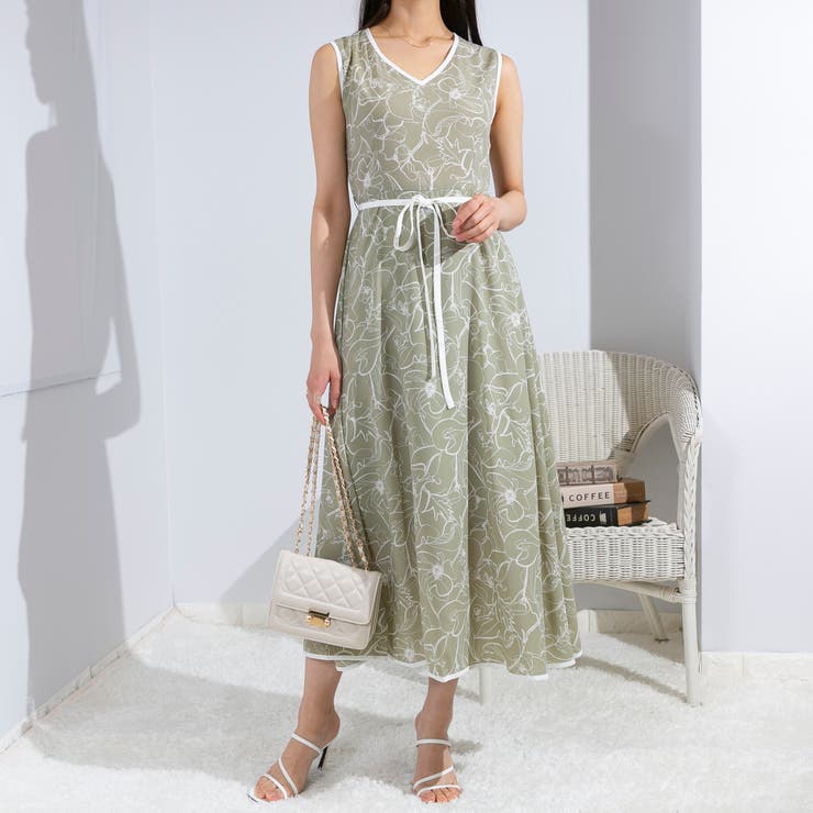 花柄 パイピング ノースりワンピース[品番：PPNW0003290