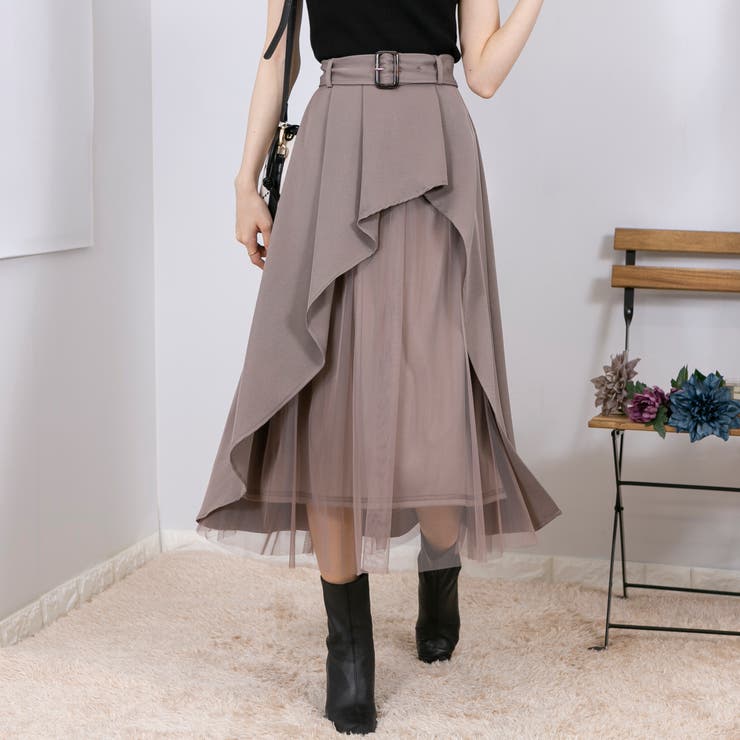 希少 黒入荷！ チュール使い アシンメトリー スカート[品番：PPNW0003365 スカート