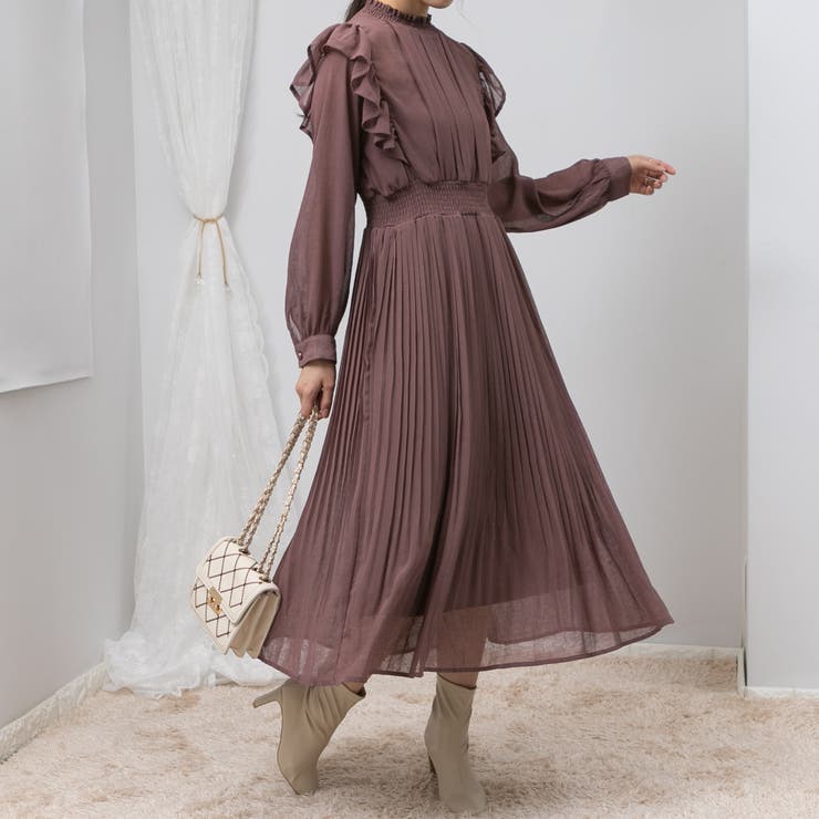 ふんわり フリル袖 消しプリーツ ワンピース[品番：PPNW0003406