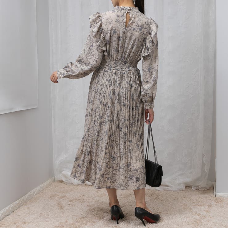 ふんわり フリル袖 花柄 消しプリーツ ワンピース[品番：PPNW0003407