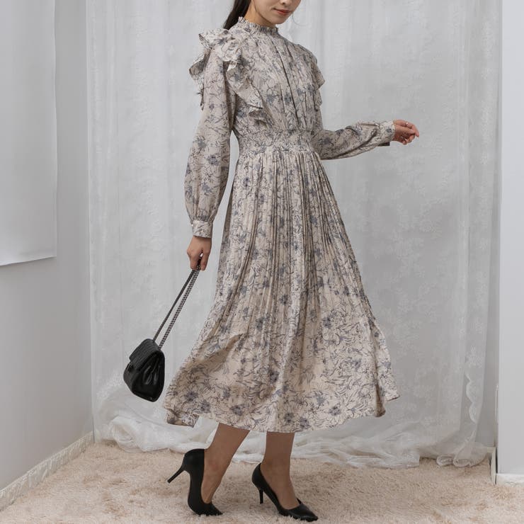 ふんわり フリル袖 花柄 消しプリーツ ワンピース[品番：PPNW0003407