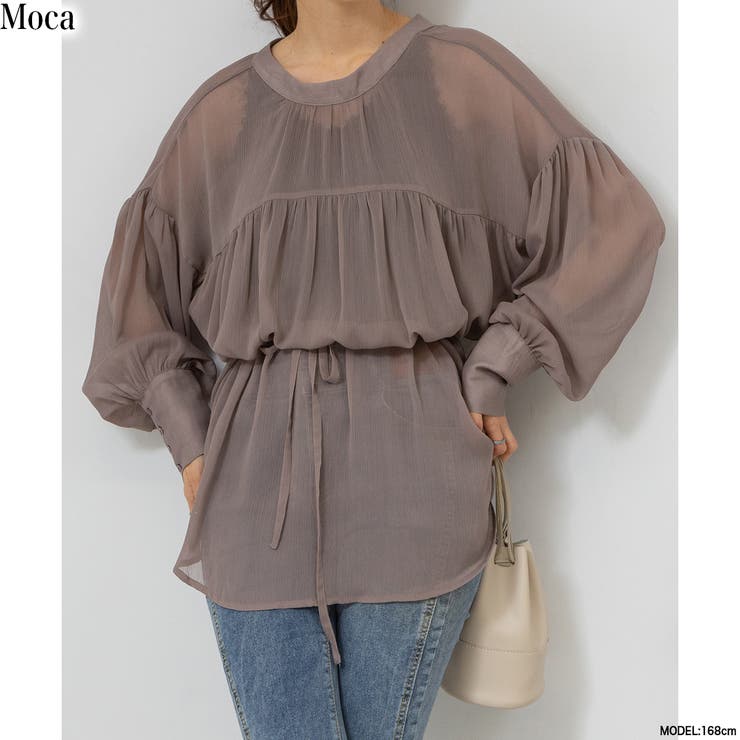 モカ | 2WAY ボリューム袖 シアーロングシャツ | Pumpkin  Port