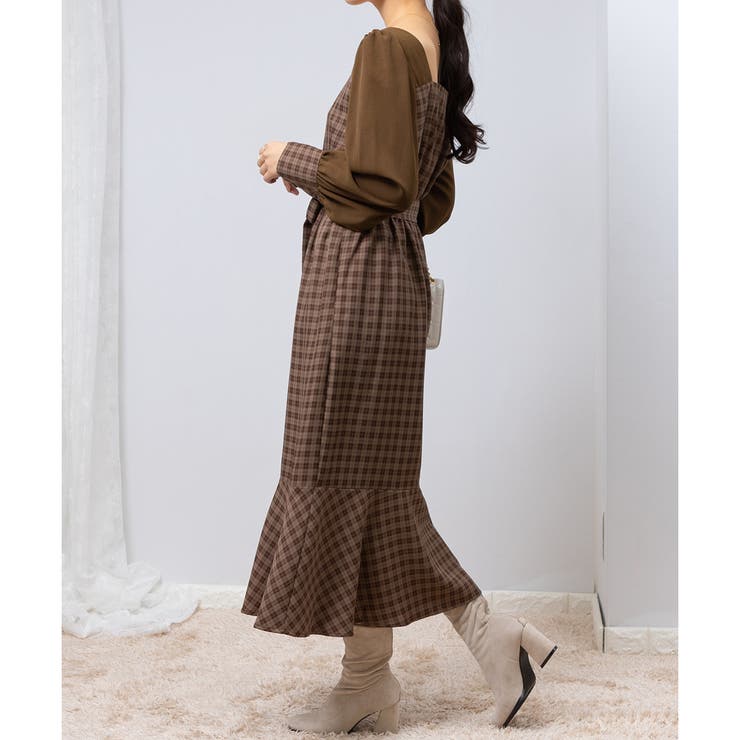 美ライン チェック柄 シフォンスリーブ マーメイドワンピース[品番