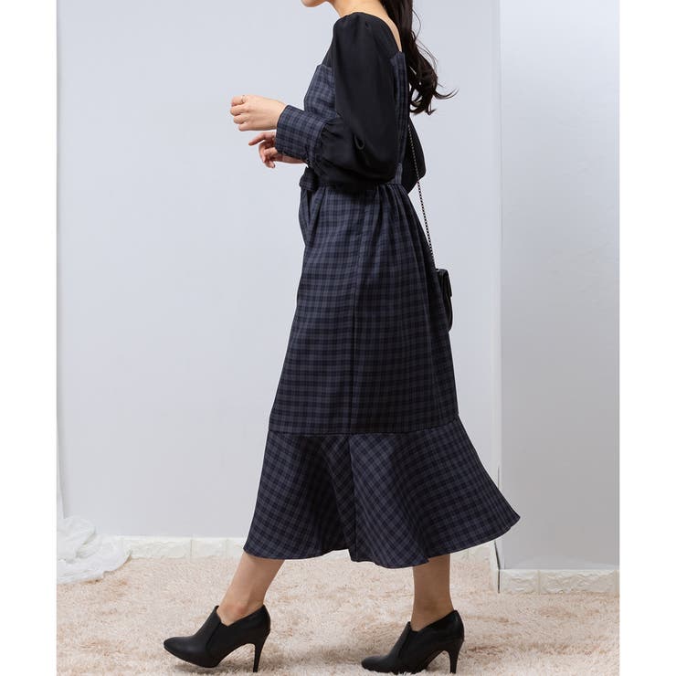美ライン チェック柄 シフォンスリーブ マーメイドワンピース[品番