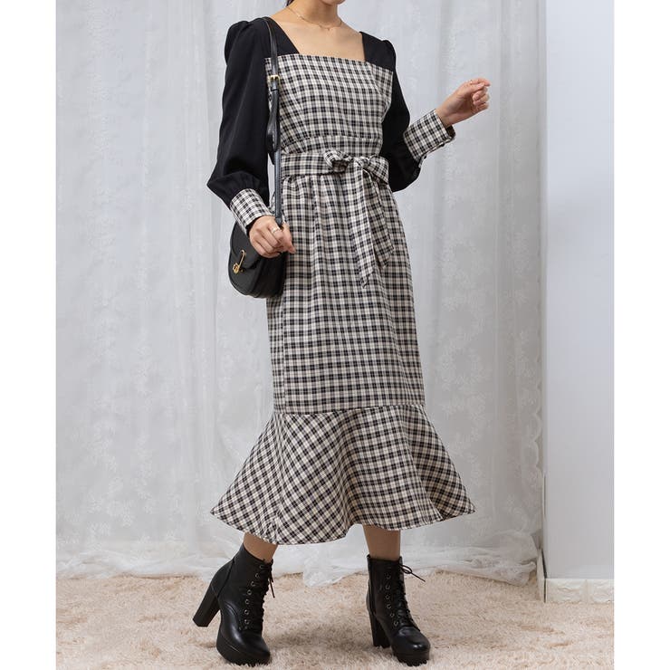 美ライン チェック柄 シフォンスリーブ マーメイドワンピース[品番