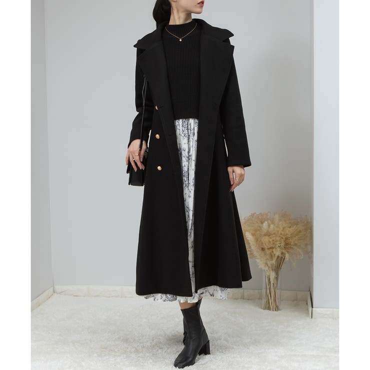 フェイクウール 金ボタン フレアシルエットコート[品番：PPNW0003517