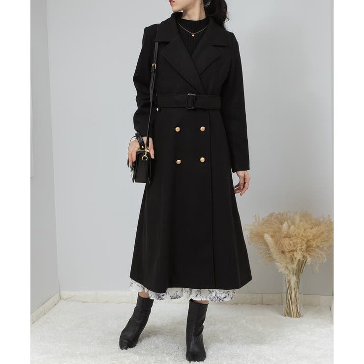 フェイクウール 金ボタン フレアシルエットコート[品番：PPNW0003517