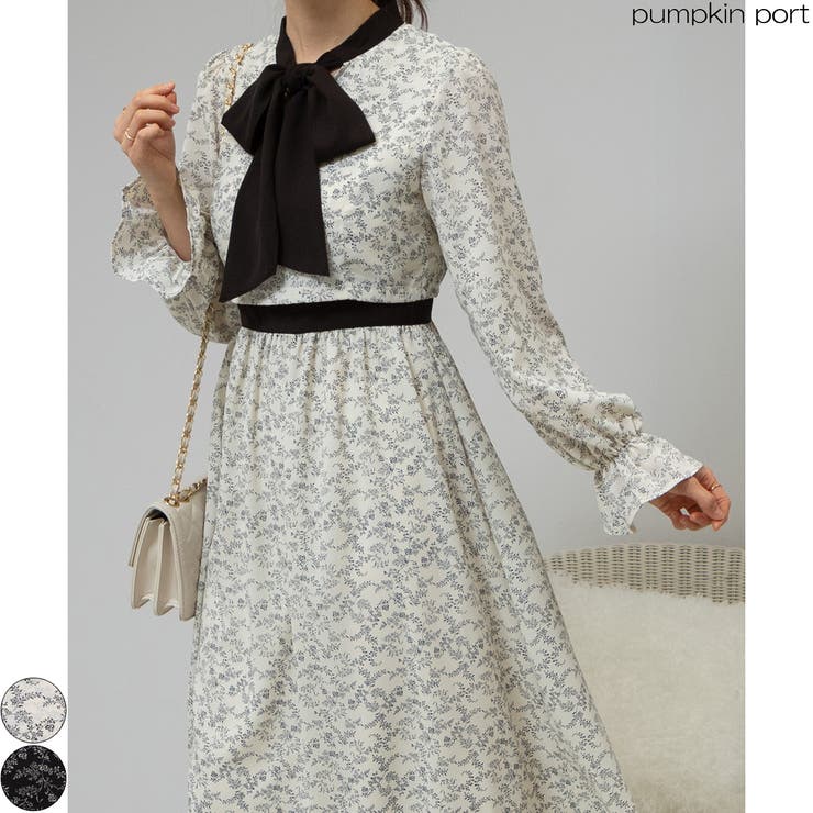 ボウタイリボン 花柄ワンピース[品番：PPNW0003562]｜Pumpkin Port