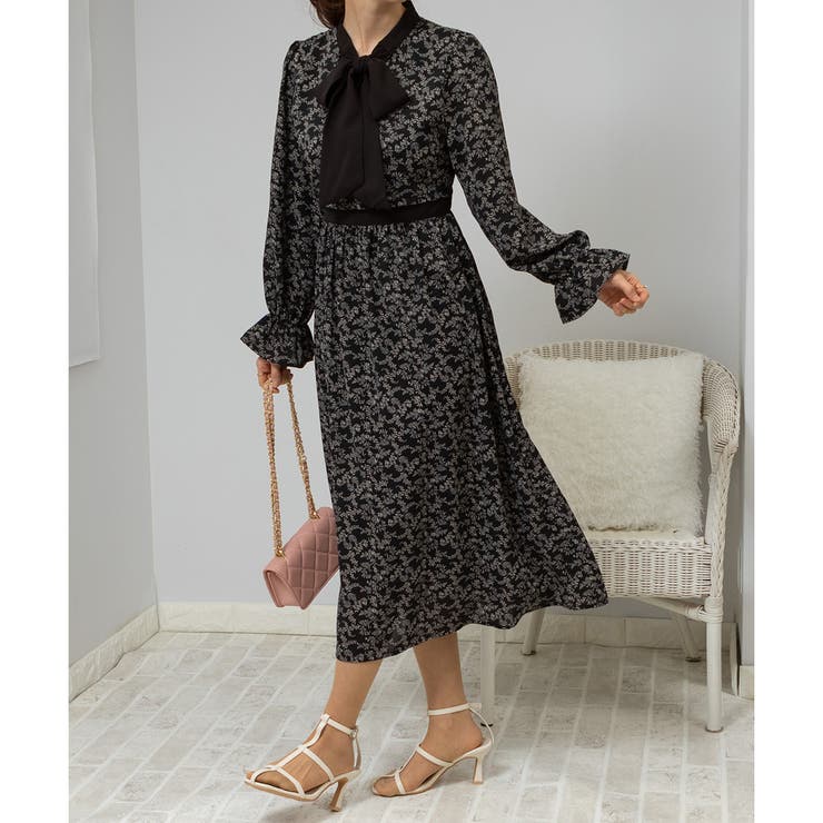 ボウタイリボン 花柄ワンピース[品番：PPNW0003562]｜Pumpkin Port