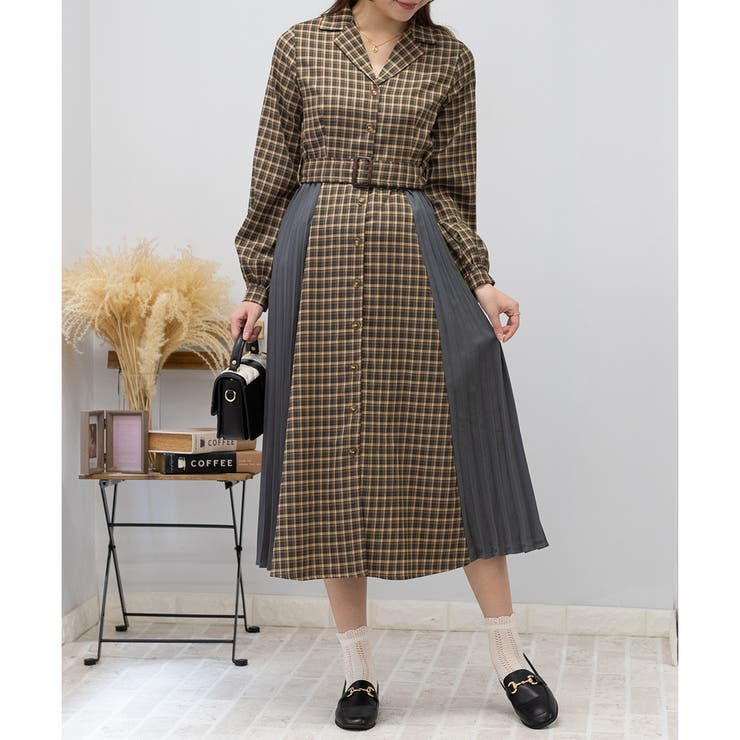 サイドプリーツ チェック柄 ハイウエストベルト付 ロングワンピース