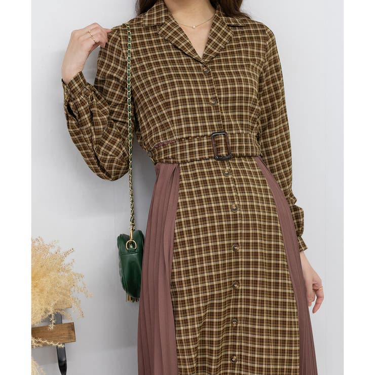 サイドプリーツ チェック柄 ハイウエストベルト付 ロングワンピース