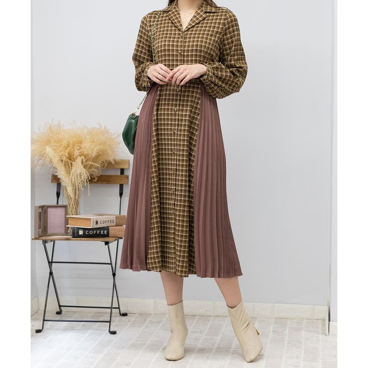 サイドプリーツ チェック柄 ハイウエストベルト付 ロングワンピース