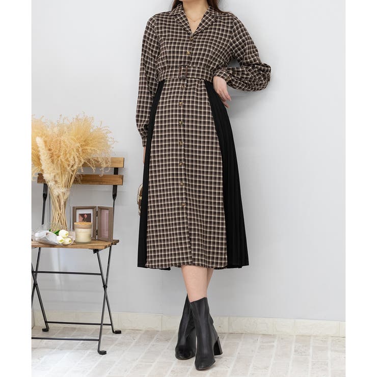 サイドプリーツ チェック柄 ハイウエストベルト付 ロングワンピース